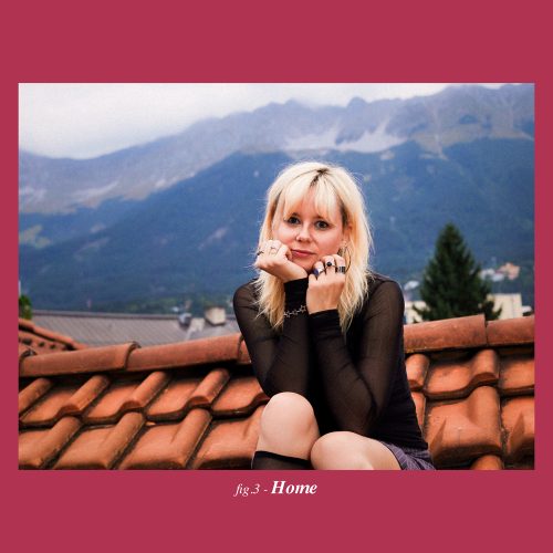 Picture of a blond woman sitting on a roof with mountains in the back